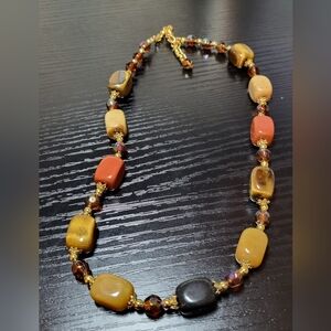 18 Inch Tiger's Eye Jasper Stone Necklace Red Brown Cream Tan Gold 3" Extension